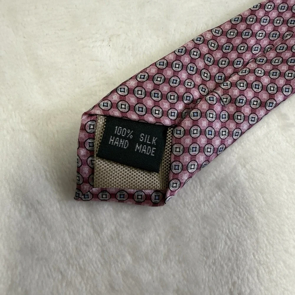 Bruno‎ Piattelli Necktie Mens OS Pink Geometric Medallion Silk Hand Made Exc